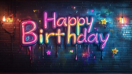 Obraz premium Happy Birthday graffiti in a dynamic rainbow-gradient design, bold, dripping letters with festive decorations like stars and confetti, glowing party lights in the background,