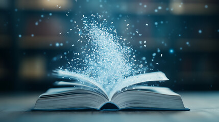 Book of Secrets: An open book glows with enchanting particles emanating from its pages, symbolizing the boundless power of knowledge, imagination, and storytelling, inviting exploration and discovery.