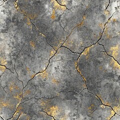 Obraz premium Seamless pattern, pattern, minimalistic texture of cracked light gray stone, cracks on gray concrete with gold flecks