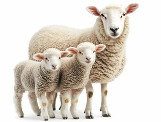 Naklejka premium A mother sheep with her adorable lambs, showcasing their woolly coats and tender bond, symbolizing new life and maternal love in a pristine white setting