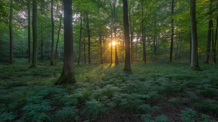 Fototapeta premium Serene Forest Illuminated by Golden Sunlight Filtering Through Lush Green Foliage