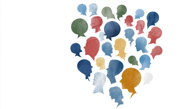 Vibrant illustration of diverse silhouettes in speech bubbles, symbolizing communication and connection. This artwork represents importance of dialogue in various contexts
