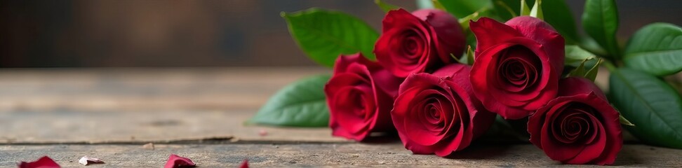 Naklejka premium Elegant bouquet of deep burgundy roses on a rustic wooden table, flowers, rustic, burgundy