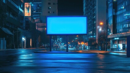 Empty billboard at night, city street, wet road