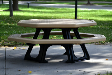 A Serene Picnic Spot, An Empty Table Awaits Amidst Lush Greenery and Tranquil Outdoor Setting Offering Relaxation and Leisure in a Peaceful Environment