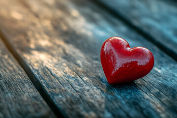 Fototapeta premium A Single Red Heart Resting on Weathered Wooden Planks Bathed in Soft Sunlight, Evoking Feelings of Love, Warmth, and Nostalgia for Romantic Occasions