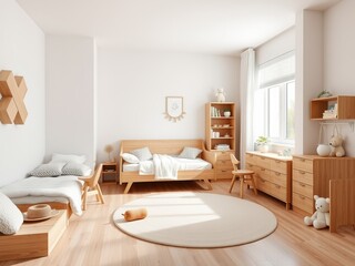 Fototapeta premium Cozy Room Featuring A Comfortable Bed A Work Desk A Chair A Table And A Bright Window With Light
