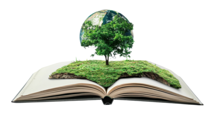 Open book showing earth globe and growing tree on transparent background