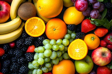 A vibrant and colorful display of various fresh fruits, including oranges, grapes, strawberries, bananas, and kiwi, arranged in an attractive composition