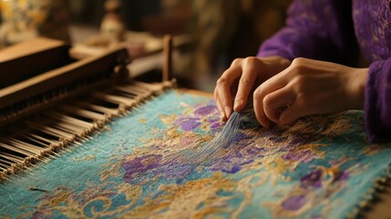 Obraz premium Masterful Hands Weaving Intricate Tapestry: A Close-Up View of Traditional Textile Art