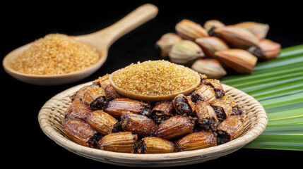 Delicious dates and brown sugar in woven basket, showcasing natural sweetness and rich textures