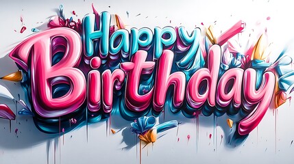 Happy Birthday graffiti in sharp 3D block letters, bright colors with subtle gradients, shadows giving depth on a smooth white wall, glowing highlights for a celebratory touch, hd quality.