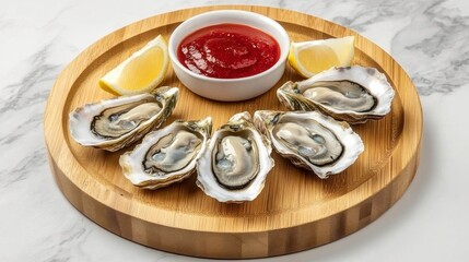 Fresh Oysters on Wooden Platter with Sauce and Lemon