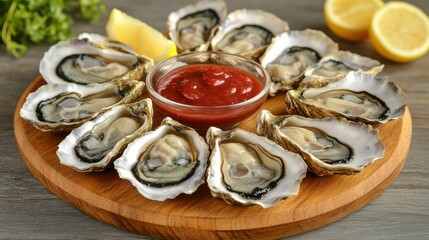 Fresh Oysters on Wooden Platter with Cocktail Sauce