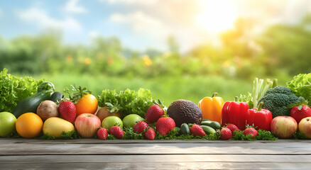 A Vibrant Display of Fresh Fruits and Vegetables on a Rustic Wooden Table, Bathed in Sunlight, Promoting Healthy Eating and a Connection with Nature
