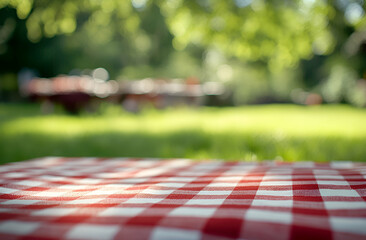 A vibrant red and white checkered tablecloth set against a blurry backdrop of lush greenery, evokes a sense of outdoor dining and summer gatherings