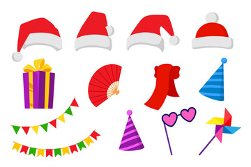 Holiday accessories, png illustration set. Santa hat, heart-shaped glasses for photo, pinwheel, party hats, attributes of new year, birthday. Red hats with pompom, scarf, flags, gift with bow.