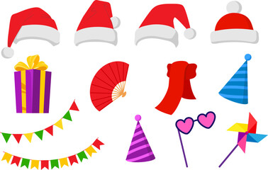 Holiday accessories, vector illustration set. Santa hat, heart-shaped glasses for photo, pinwheel, party hats, attributes of new year, birthday. Red hats with pompom, scarf, flags, gift with bow.