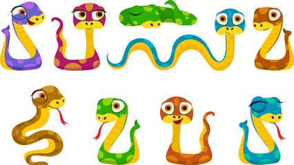 Cute color snakes set. Chinese horoscope zodiac sign. Snake characters in different pose. Cartoon vector illustration isolated on white background.