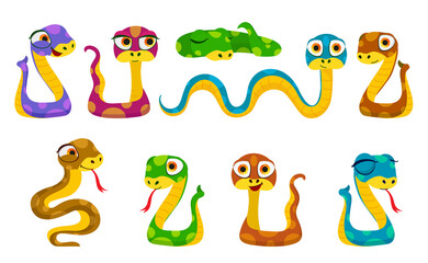 Cute color snakes set. Chinese horoscope zodiac sign. Snake characters in different pose. Cartoon png illustration isolated on white background.