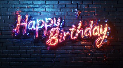 Happy Birthday graffiti with shining chrome letters, glowing reflections of rainbow lights across the metallic surface,