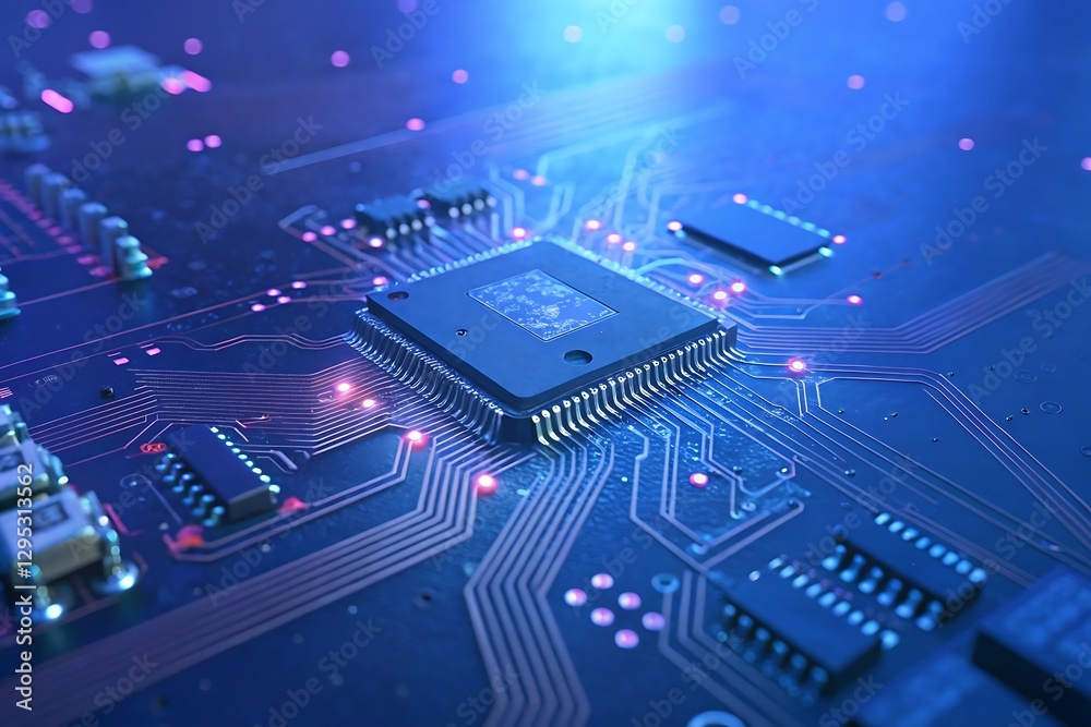 Poster close up of a computer microchip on a circuit board.