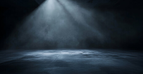 Abstract dark industrial space with spotlight and smoke, perfect for product placement or background image for presentations and creative designs that require depth and atmosphere