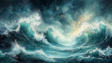Dramatic Ocean Waves Crashing Under a Stormy Sky - Seascape Painting