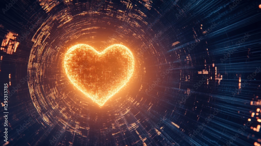 Fototapete digital heart shape in glowing orange with abstract background of bright lines and dots representing