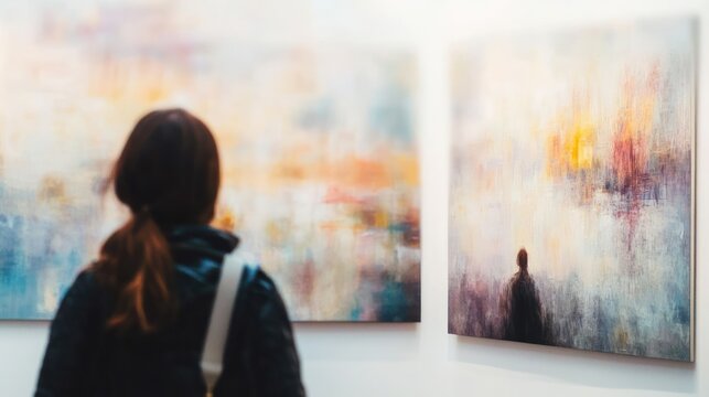 Art Gallery: Woman Admiring Abstract Paintings