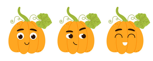Set of kawaii cute pumpkin character with emotions. Cartoon vector illustration