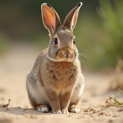 Fototapeta premium Cute Brown Rabbit Sitting on Sand Outdoors