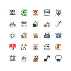 Free Time Hobby Icon Set. Including fish, pet, beach, palm, tree, board game, bowling, cooking, food, cafe, frisbee, camp, playground, gaming illustration