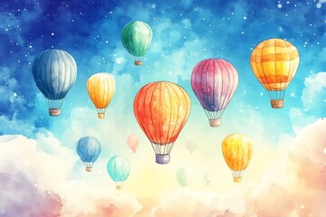 Obraz premium Colorful Hot Air Balloons Floating in Sky Watercolor Painting