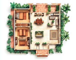 Tropical villa floor plan, interior design, lush gardens, top view