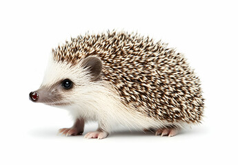 Fototapeta premium Adorable African Pygmy Hedgehog Isolated on White Background - A Captivating Close-Up of a Spiky Friend in Studio Shot