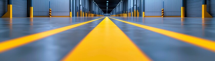 Fototapeta premium Warehouse Interior Perspective View with Parallel Yellow Striped Lines on Gray Concrete Floor