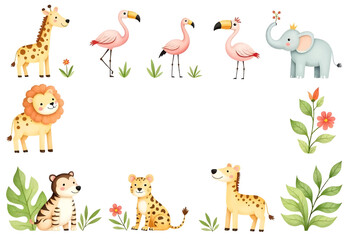 Naklejka premium Watercolor illustration of a collection of jungle