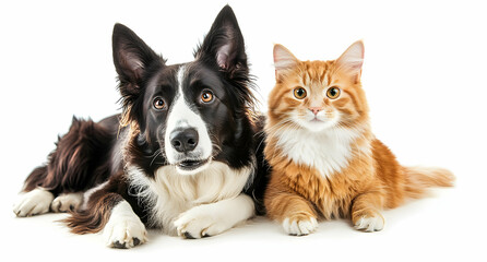 Fototapeta premium Adorable Border Collie and Ginger Cat Posing Together on White Background, Capturing a Heartwarming Moment of Friendship and Companionship between Domestic Animals