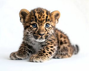 Fototapeta premium Adorable Amur Leopard Cub Portrait, Captivating Close-Up of a Playful and Vulnerable Feline on a Clean White Backdrop Showcasing its Spotty Fur and Blue Eyes
