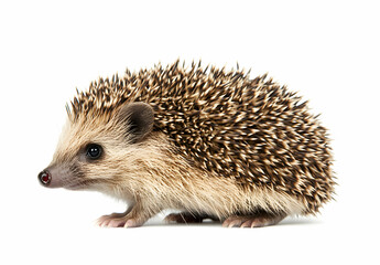 Adorable European Hedgehog Portrait, A Detailed Studio Shot on White Showcasing its Quills and Delicate Features for Wildlife and Nature Enthusiasts