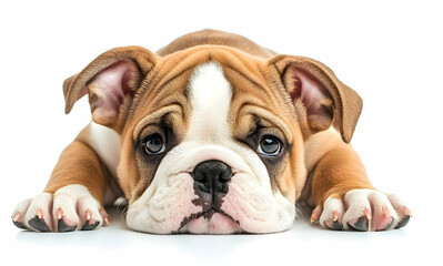 Obraz premium Adorable English Bulldog puppy with expressive eyes lies down, capturing hearts with its cuteness against a clean white backdrop in a close-up studio shot