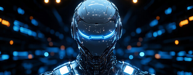 futuristic, AI robot, cyberpunk, sci-fi, high-tech, artificial intelligence, robotic helmet, cyber warrior, digital armor, cyber soldier, neon glow, futuristic soldier, tech innovation, sci-fi charact