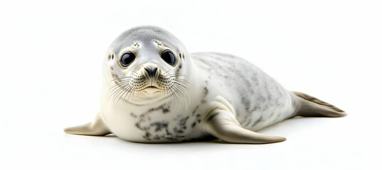 Obraz premium Adorable harbor seal pup portrait isolated on white background, showcasing its charming face, expressive eyes, and unique spotted coat, capturing the essence of wildlife cuteness