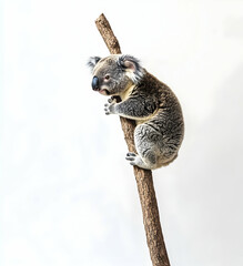 Naklejka premium Adorable Koala Climbing a Tree Branch Against a White Background, Capturing the Essence of Australian Wildlife and Conservation Efforts in a Studio Setting