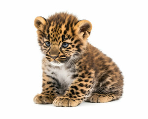 Obraz premium Adorable Leopard Cub Isolated on White Background, A Captivating Portrait of Innocence and Wild Beauty, Perfect for Wildlife Enthusiasts and Animal Lovers