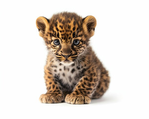 Obraz premium Adorable Leopard Cub Portrait on White Background, A Captivating Gaze into Innocence and Wild Beauty, Showcasing the Young Feline's Unique Charm