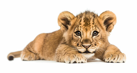 Obraz premium Adorable Lion Cub Resting Isolated on White Background, showcasing its charming and playful nature, perfect for wildlife and animal-themed projects