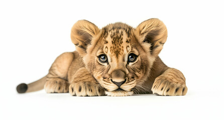 Obraz premium Adorable Lion Cub Resting on White Background, A Captivating Portrait of Innocence and Wild Beauty Depicting the Early Stages of a Majestic Predator