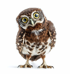 Obraz premium Adorable little owl tilting head with curious expression, isolated on white background, showcasing its unique charm and captivating features